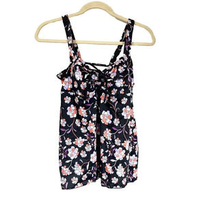 New Septangle Womens Black Floral Tankini Swim Top Swimwear 12 Tie Ribbon